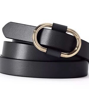 Women’s Adjustable Skinny Black Leather Belt w/ Gold Buckle, Land’s End, Medium.